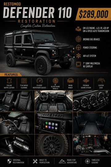 Custom Restomod Defender 110 priced at $289,000 with premium features and powerful engine.