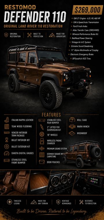 Restomod Defender 110 with luxury features and powerful GM LT1 engine, priced at $269,000.