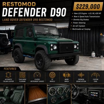 Restomod Defender D90 with powerful engine and premium features for $229,000.