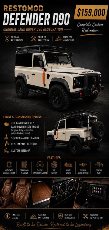 Custom Restomod Defender D90 priced at $159,000 with original restoration and adventure-ready features.