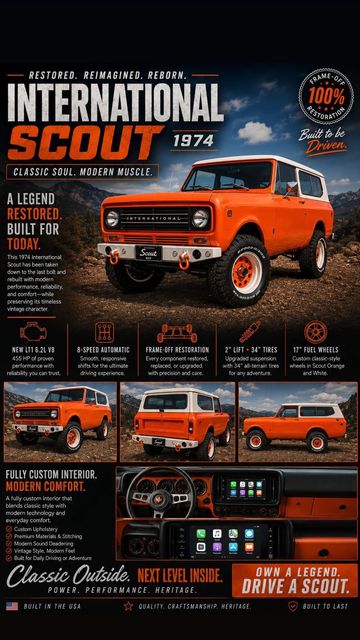 Vintage 1974 International Scout restored with modern features and bold orange design.