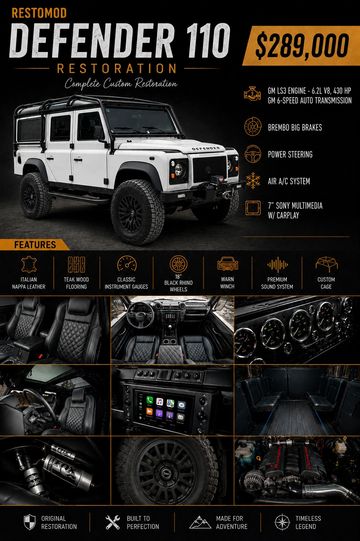 Restomod Defender 110 with premium features and $289,000 price.