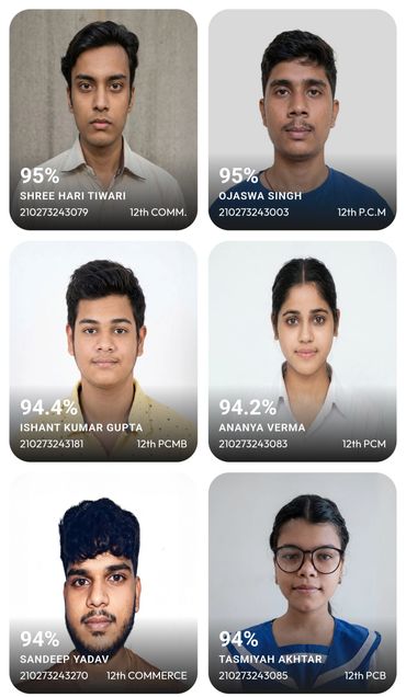Portraits of six students with academic percentages and details.