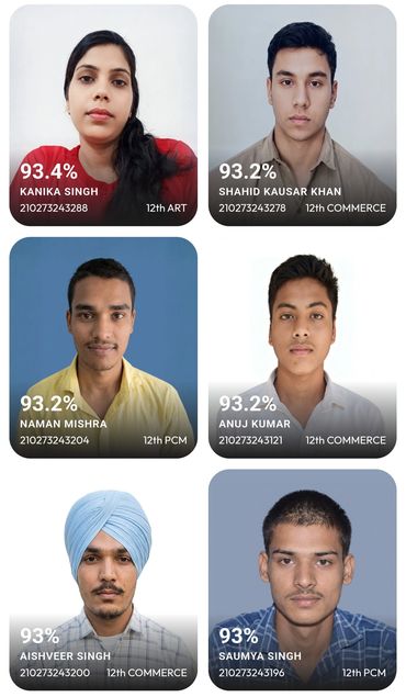 Top scoring students with percentages and details in a collage format.