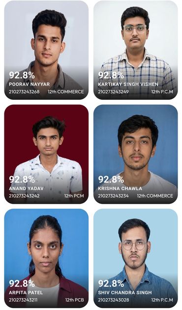 Six students with 92.8% scores, different streams and ID numbers.