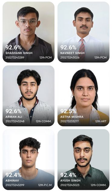 Top scoring students with their percentages and streams.