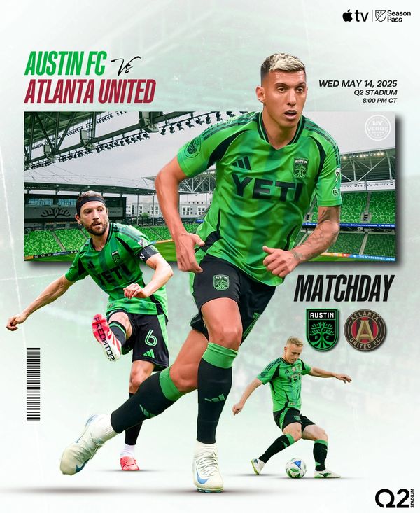 Austin FC vs Atlanta United matchday announcement for May 14, 2025, at Q2 Stadium.