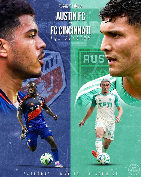 Promotional poster for Austin FC vs FC Cincinnati soccer match at TQL Stadium.