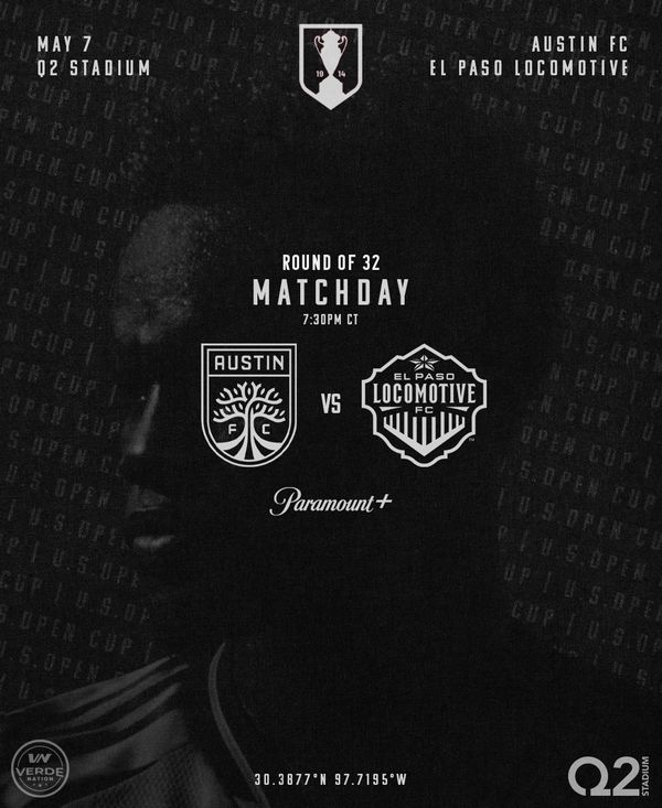 Austin FC vs El Paso Locomotive matchday announcement for May 7 at Q2 Stadium.