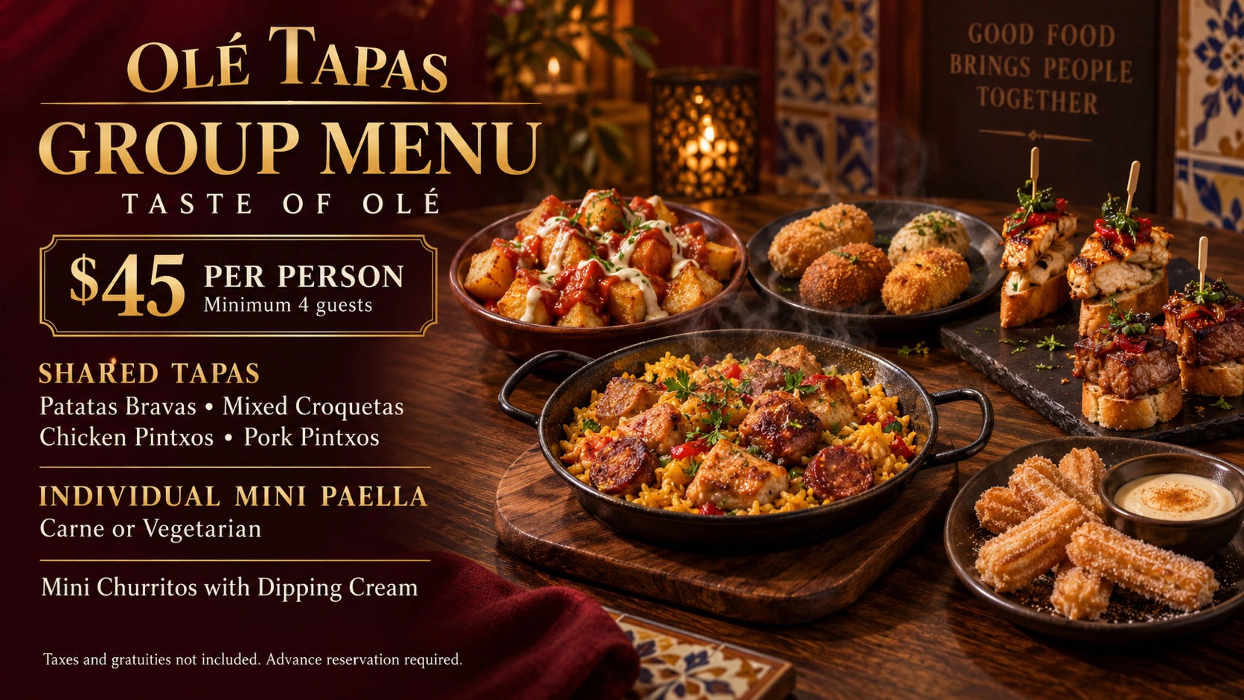 Olé Tapas group menu for $45 per person with shared tapas, mini paella, and churros.