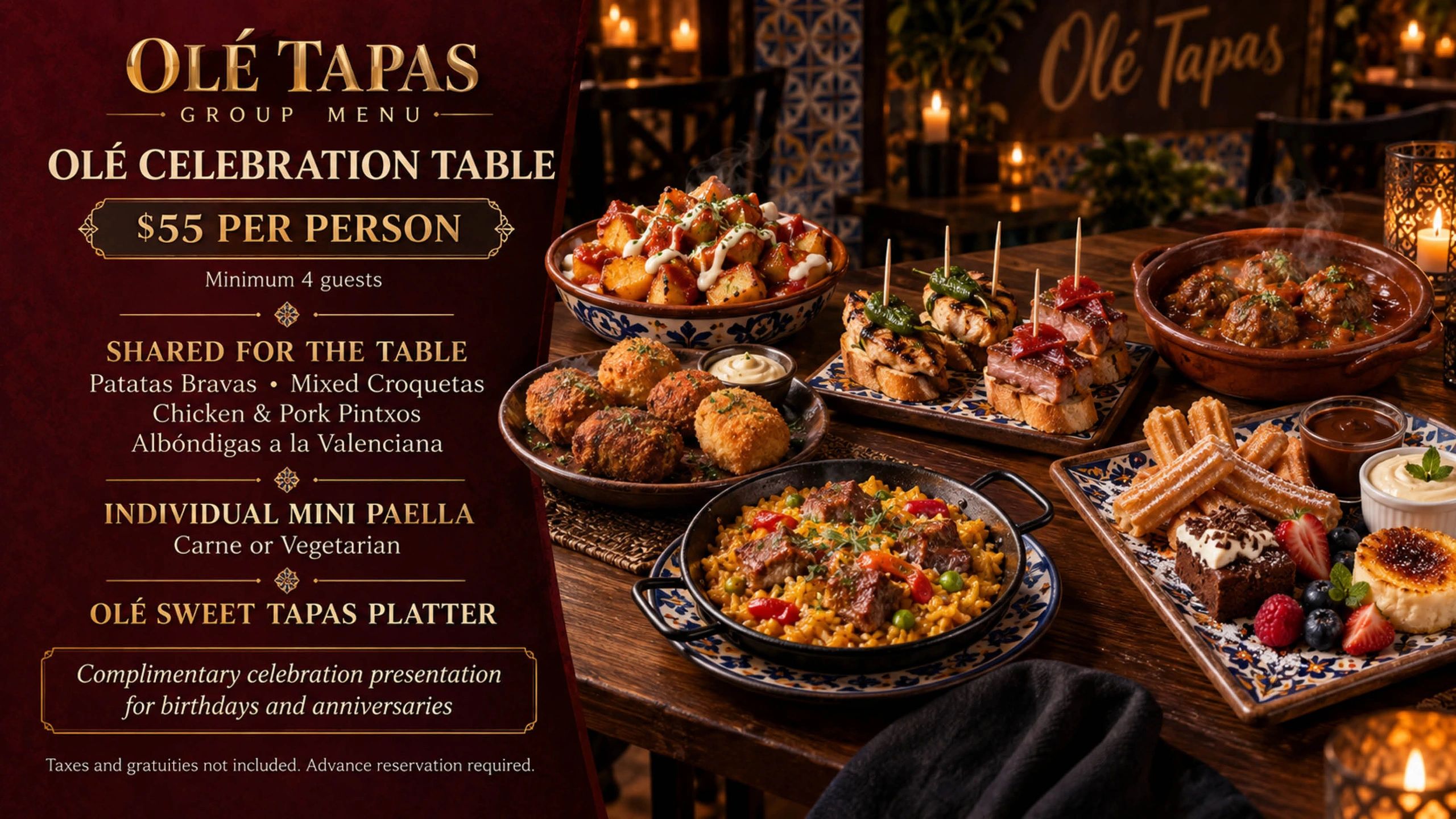 Olé Tapas group menu for $55 per person with shared dishes and mini paella.