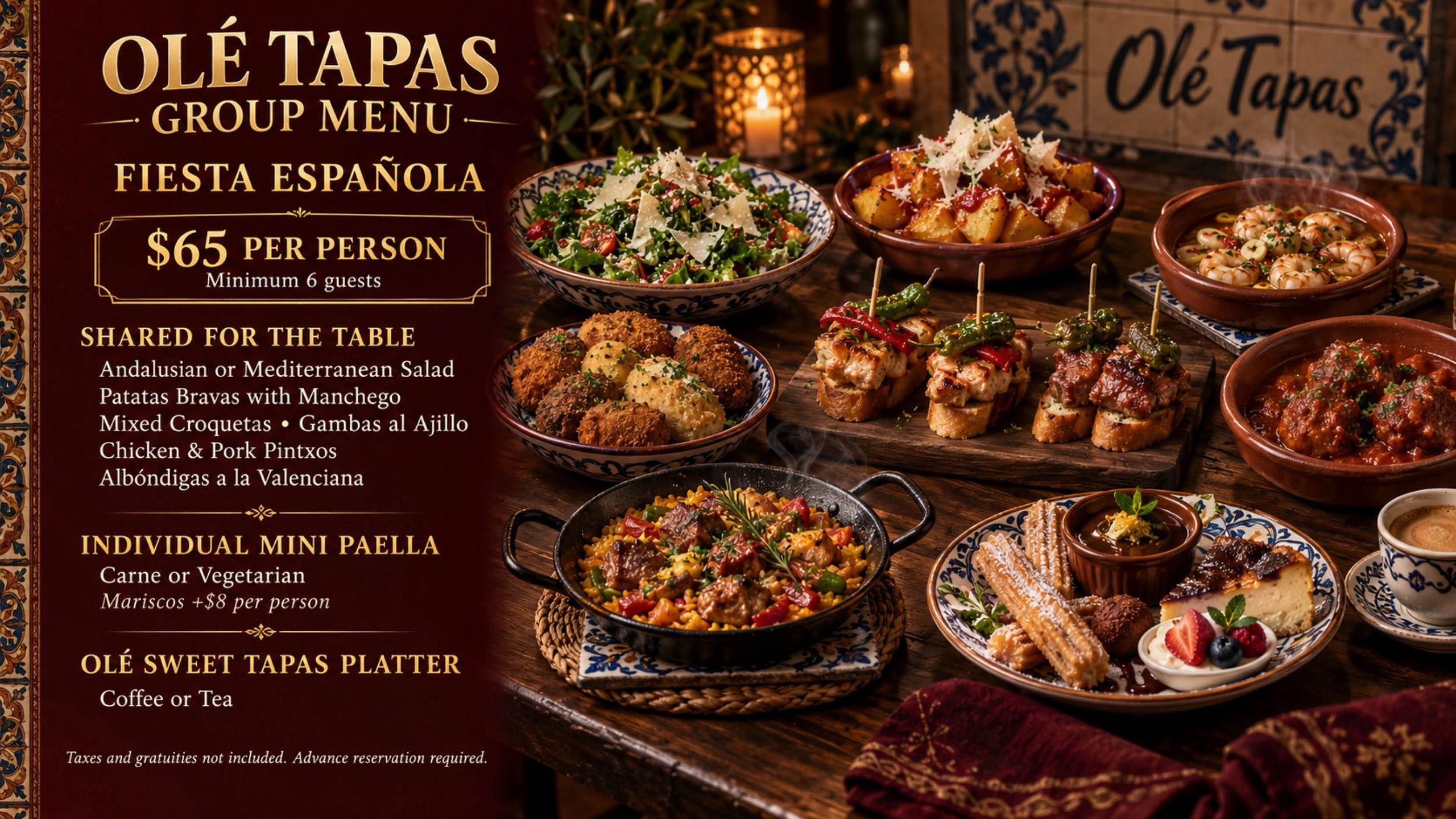 Ole Tapas group menu with Spanish dishes for $65 per person.