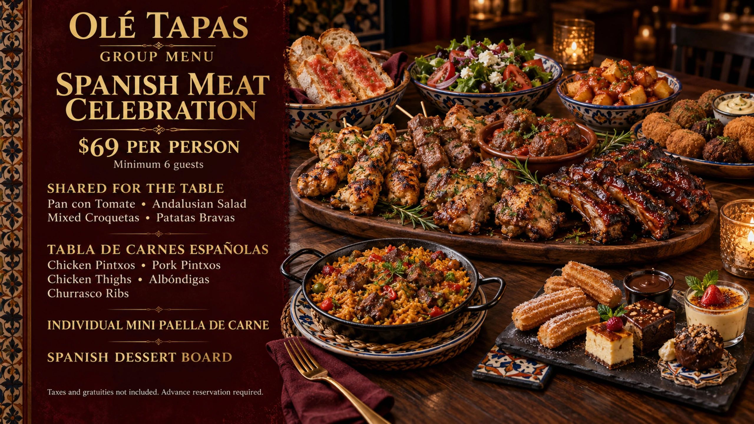 Spanish Meat Celebration group menu with various dishes and desserts.