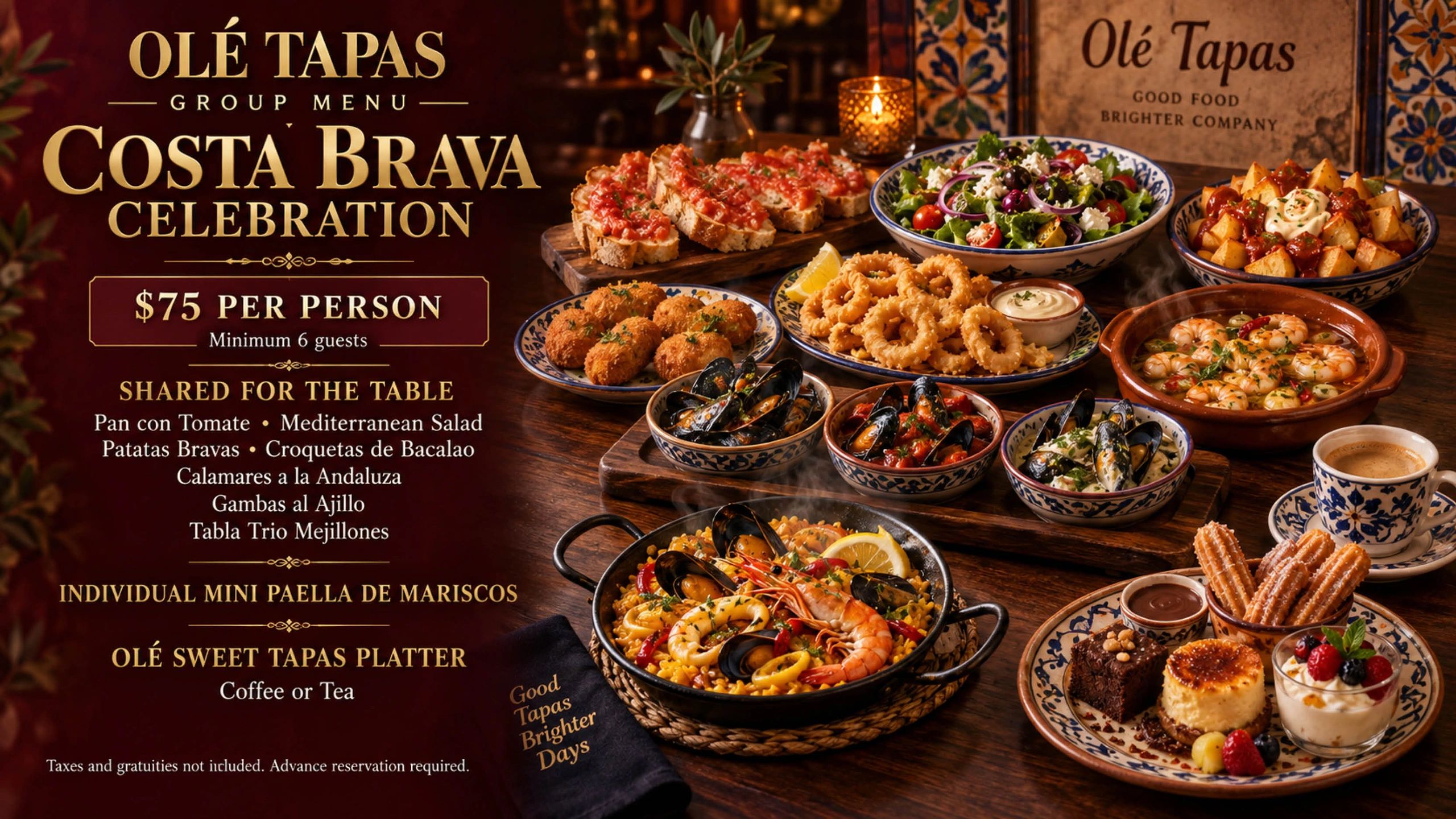 Costa Brava tapas group menu with various dishes and a $75 per person price.