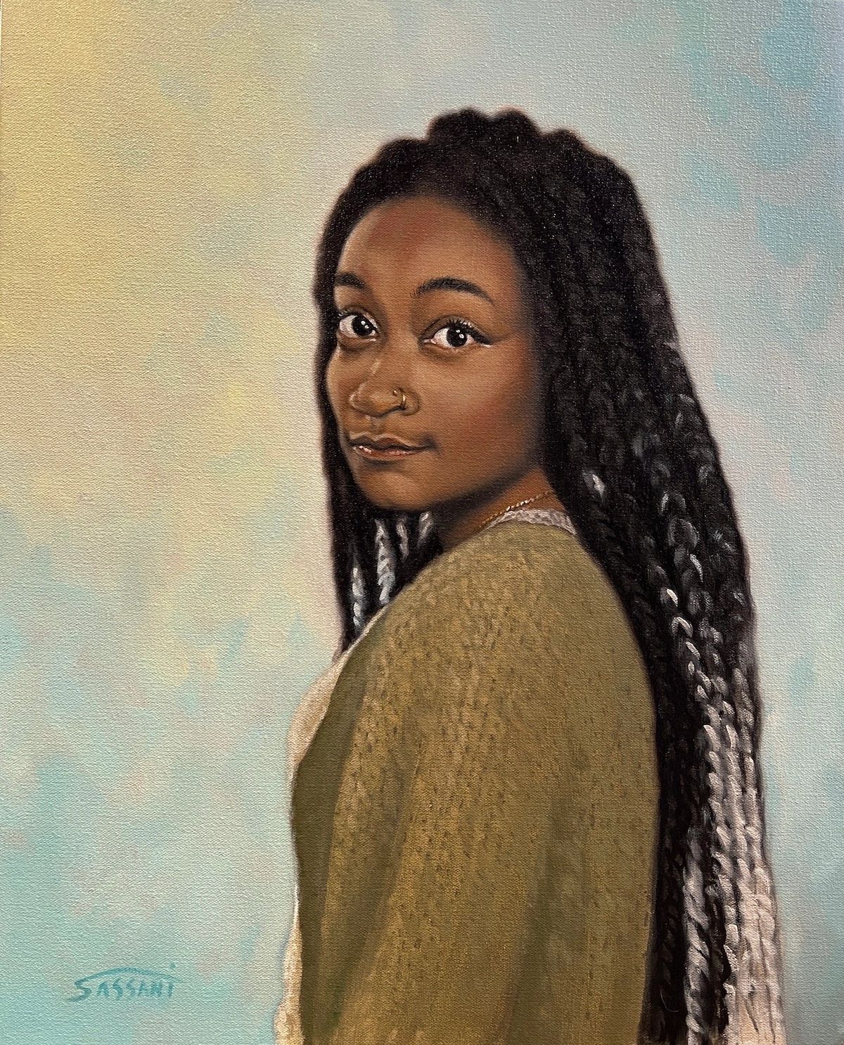 Kiandra, Oil painting, portrait, girl, braids, green sweater, pretty black girl, nose ring