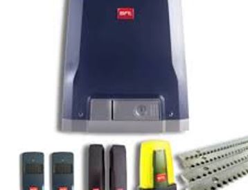 Automatic gate opener kit with remote controls and accessories.