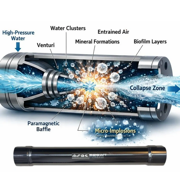 Diagram of a water treatment device showing micro-implosions and mineral formations.