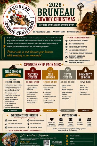 2026 Bruneau Cowboy Christmas sponsorship opportunities flyer with event and sponsorship details.