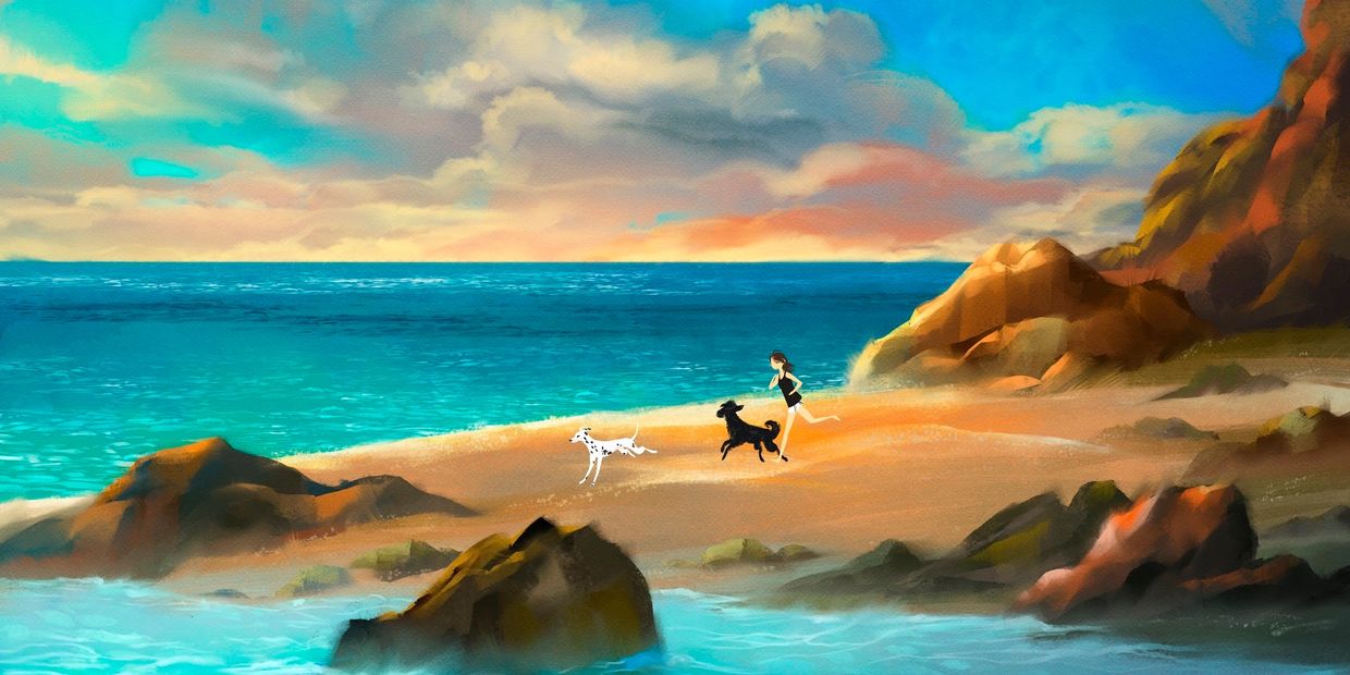 A peaceful beach scene with a person running alongside two dogs under a vibrant sky.
