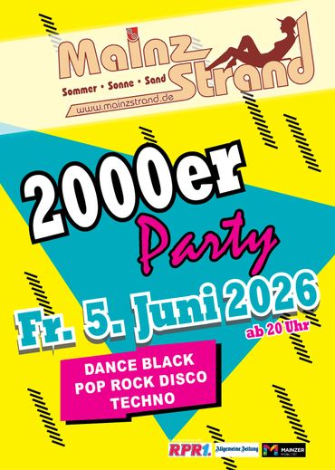 Poster for a 2000s-themed party on June 5, 2026, at Mainz Strand.