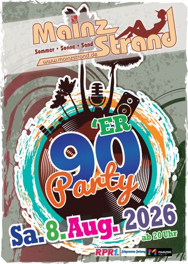 Colorful poster for 'ER 90 Party' at Mainz Strand beach on August 8, 2026.