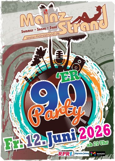 Colorful poster for a '90s party at Mainz Strand on June 12, 2026.