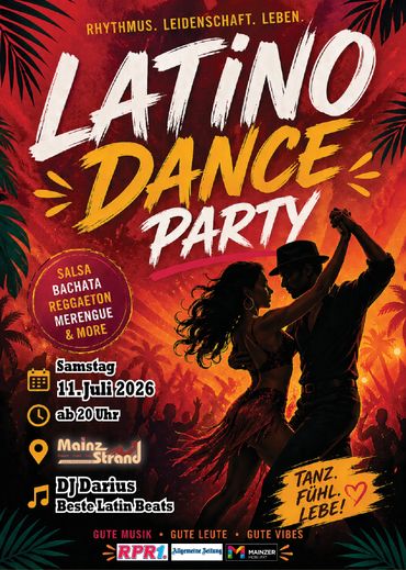Vibrant Latino Dance Party poster with salsa, bachata, and reggaeton vibes.