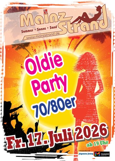 Flyer for an Oldie Party at Mainz Strand on July 17, 2026.