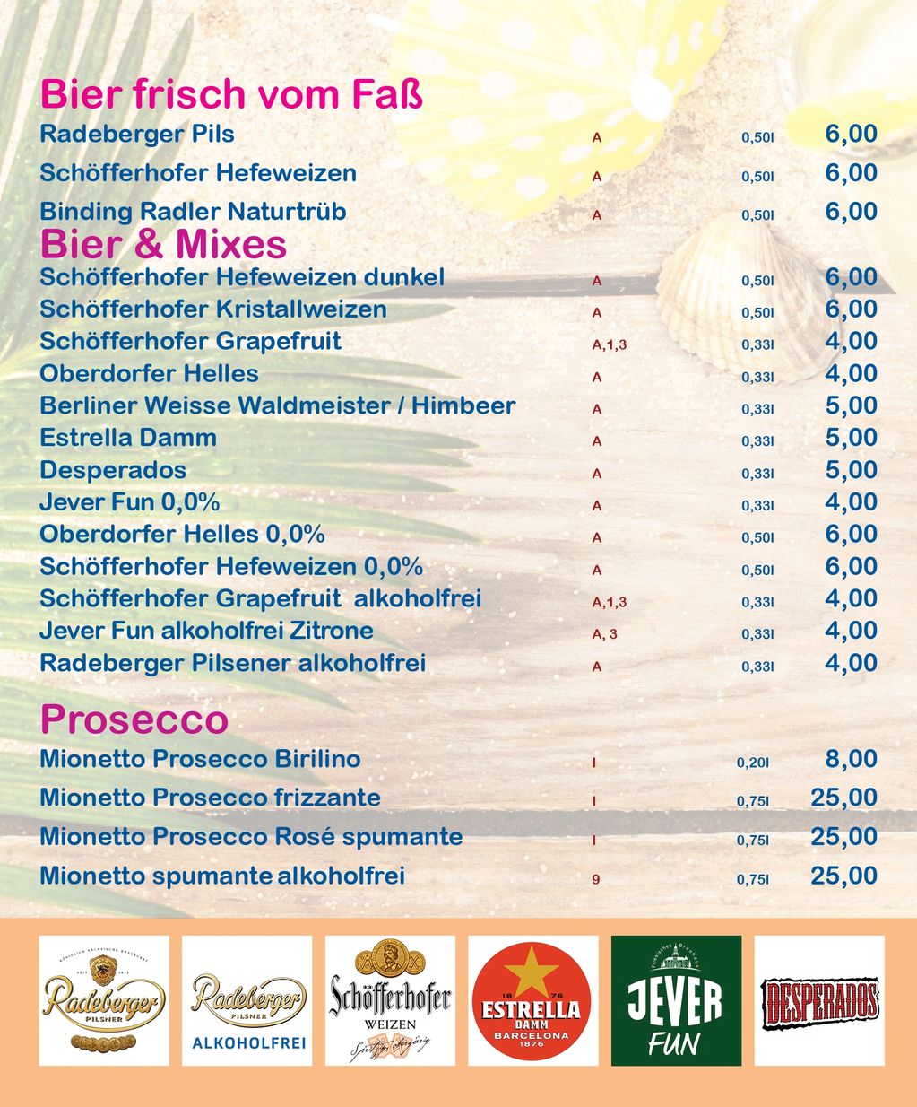 Beer and prosecco menu with various types and prices listed.