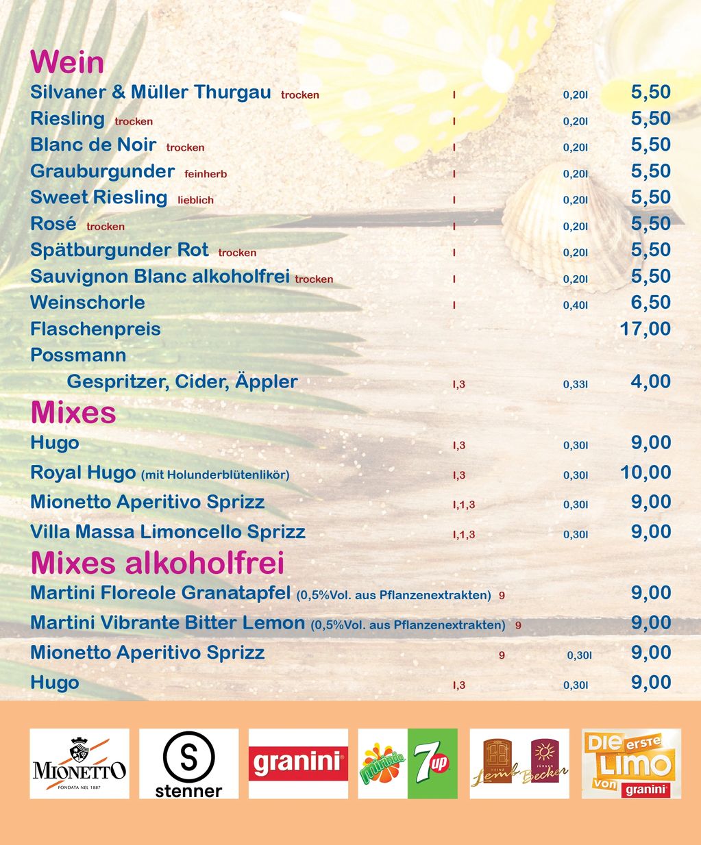 German wine and mixed drink menu with prices and beverage logos at the bottom.