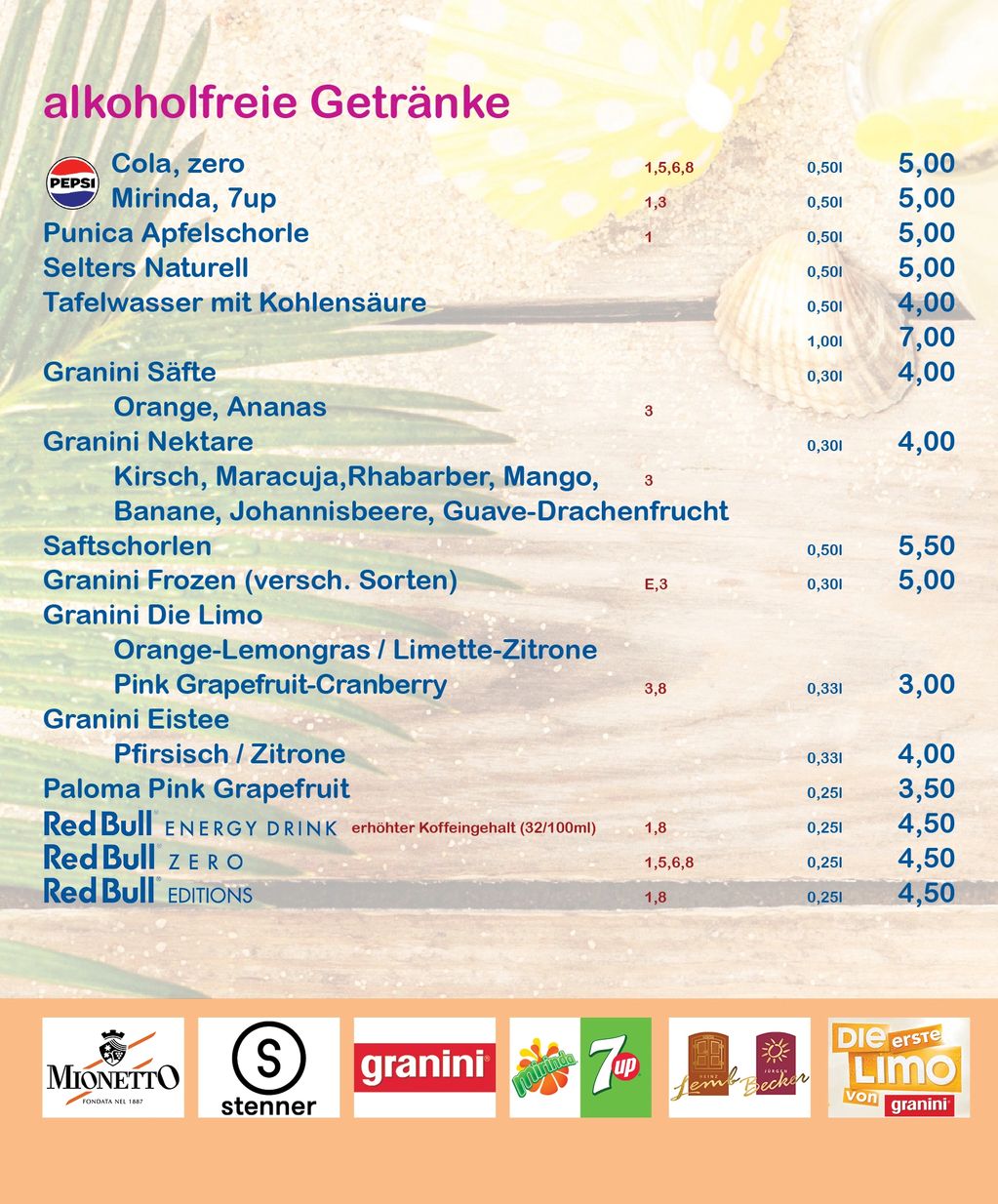Menu of various non-alcoholic drinks with prices in euros, including sodas, juices, water, and energy drinks.