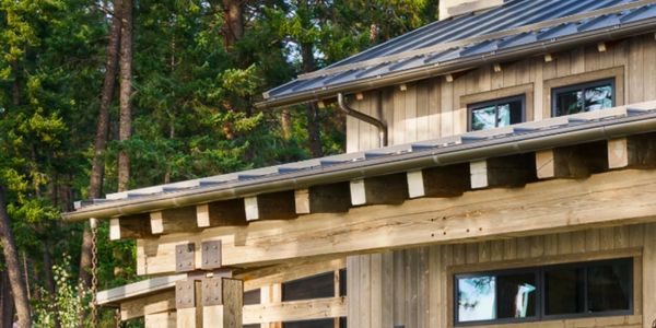 Modern wooden cabin with metal roof surrounded by trees.