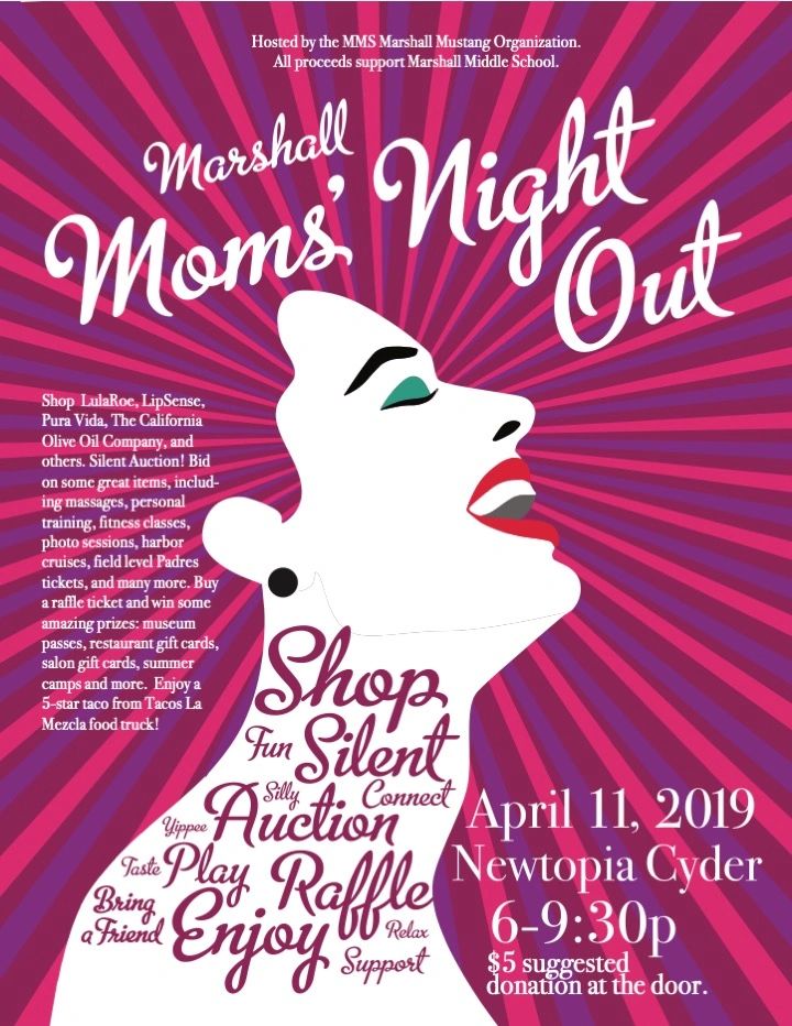 Marshall Moms' Night Out event poster with shopping, silent auction, and raffle details.