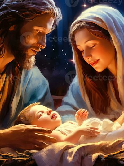A tender nativity scene with Mary, Joseph, and baby Jesus.