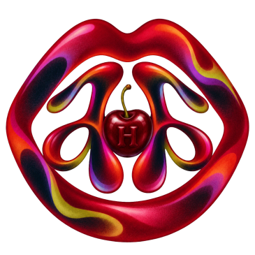 Colorful lips with a cherry and letter H inside.