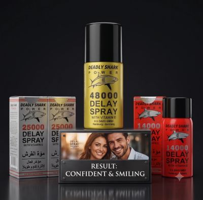 Deadly Shark Power delay sprays and a confident smiling couple advertisement.