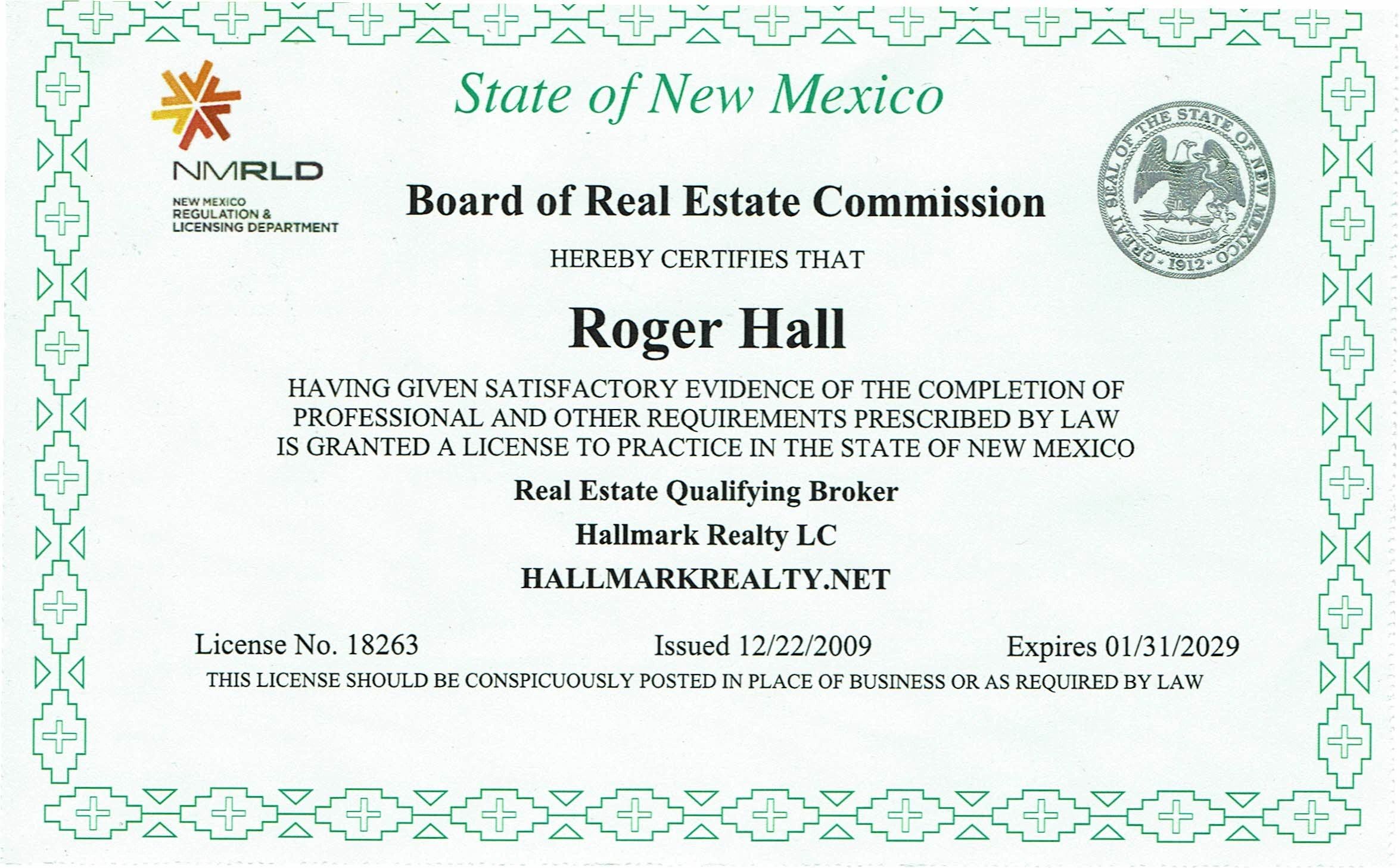Real estate license certificate for Roger Hall in New Mexico.