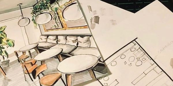 Interior design sketches of a cozy cafe with round tables and chairs.