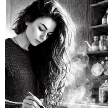A young woman stirring a pot of steaming liquid