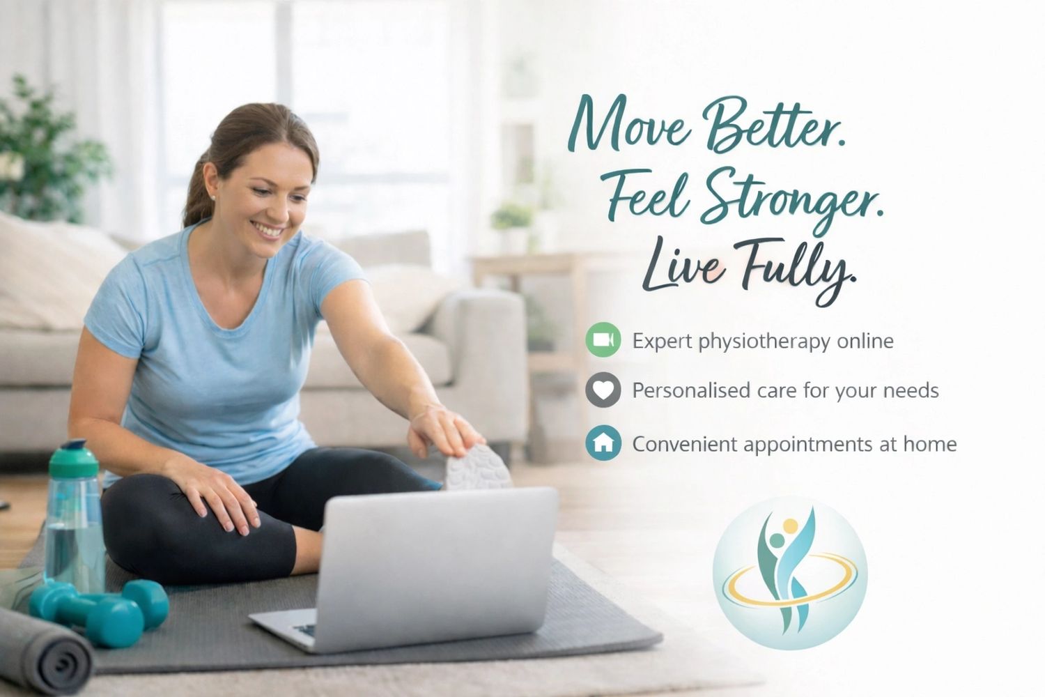 Woman doing online physiotherapy exercises at home with a laptop.
