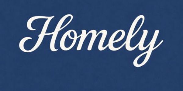 The word 'Homely' displayed in white cursive on a blue background.