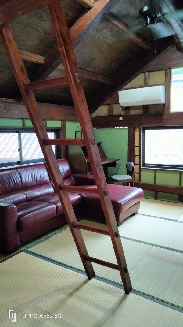 Wooden ladder in a cozy attic room with sofa and windows.