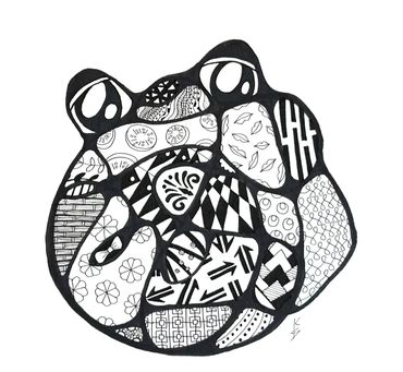 B/W Drawing. Outline shape of frog-like blob with eyes. Inside divided into sections with patterns.