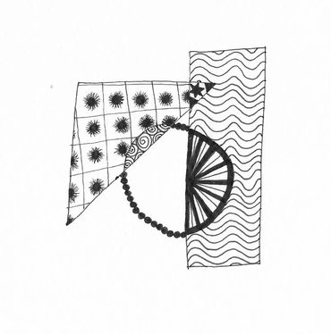 B/W Drawing. Triangle and Rectangle overlapping slightly. Both intersected with circle. Patterns. 