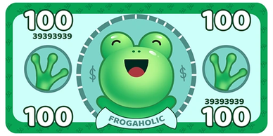 A playful cartoon frog on a 100-dollar bill labeled 'Frogaholic'.