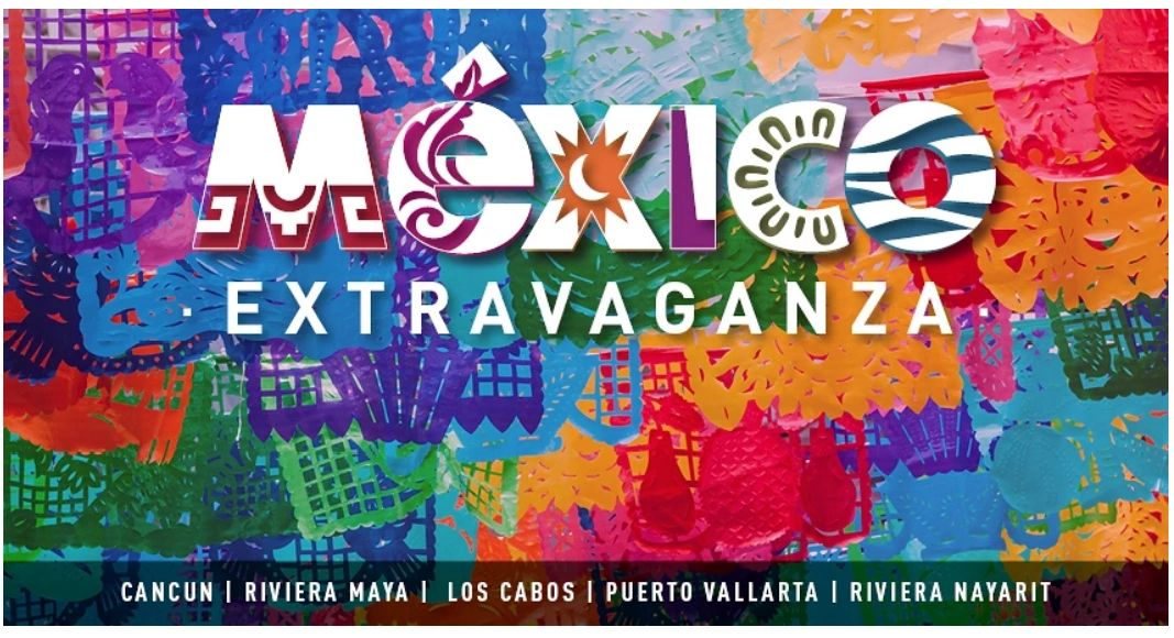 Colorful poster promoting Mexico Extravaganza with major tourist destinations.
