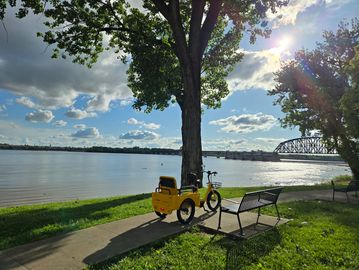 A yellow cargo bike parked by a riverside path under a tree with a bench nearby.