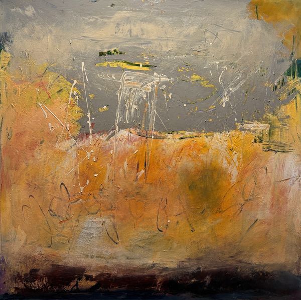 Abstract painting with warm orange and cool gray tones, featuring textured brushstrokes and white splatters.