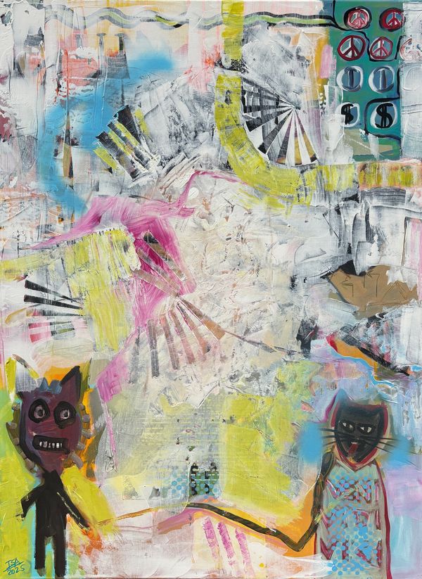 Abstract painting featuring two cat-like figures and vibrant patterns.