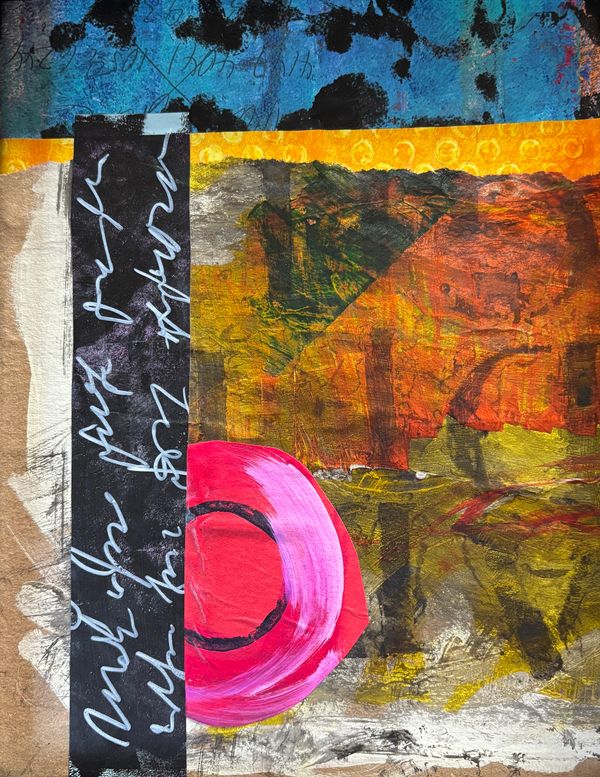 Abstract mixed-media artwork with vibrant colors and textures.